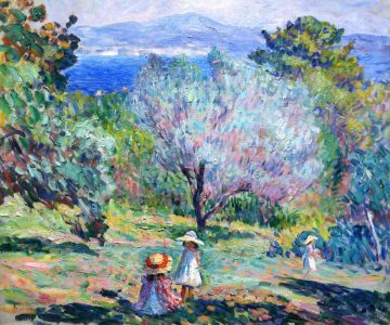 Foto eines französischen Impressionismus-Gemäldes von Henri Labasque, namens Mädchen in einer Mittelmeerlandschaft