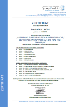 Zertifikat für die Ausbildung als DaF/DaZ-Trainerin