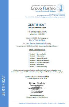 Zertifikat als Fachtrainerin von Group Austria