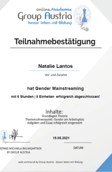 Teilnahmebestätigung für das Gender Mainstreaming Training